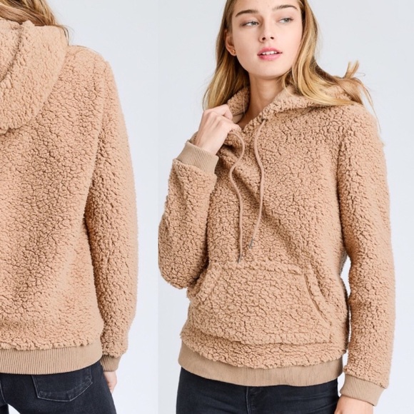 Camel Teddy Hoodie, Sherpa Cozy Knit Sweater - Picture 2 of 9